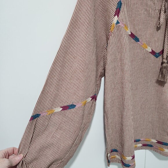 Savanna Jane NEW Long Sleeve Brown/Tan Striped Peasant Top with embroidery-Small - Picture 5 of 9